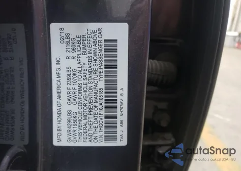 2018 Honda Accord Lx из США, поврежденный, VIN 1HGCV1F10JA105185